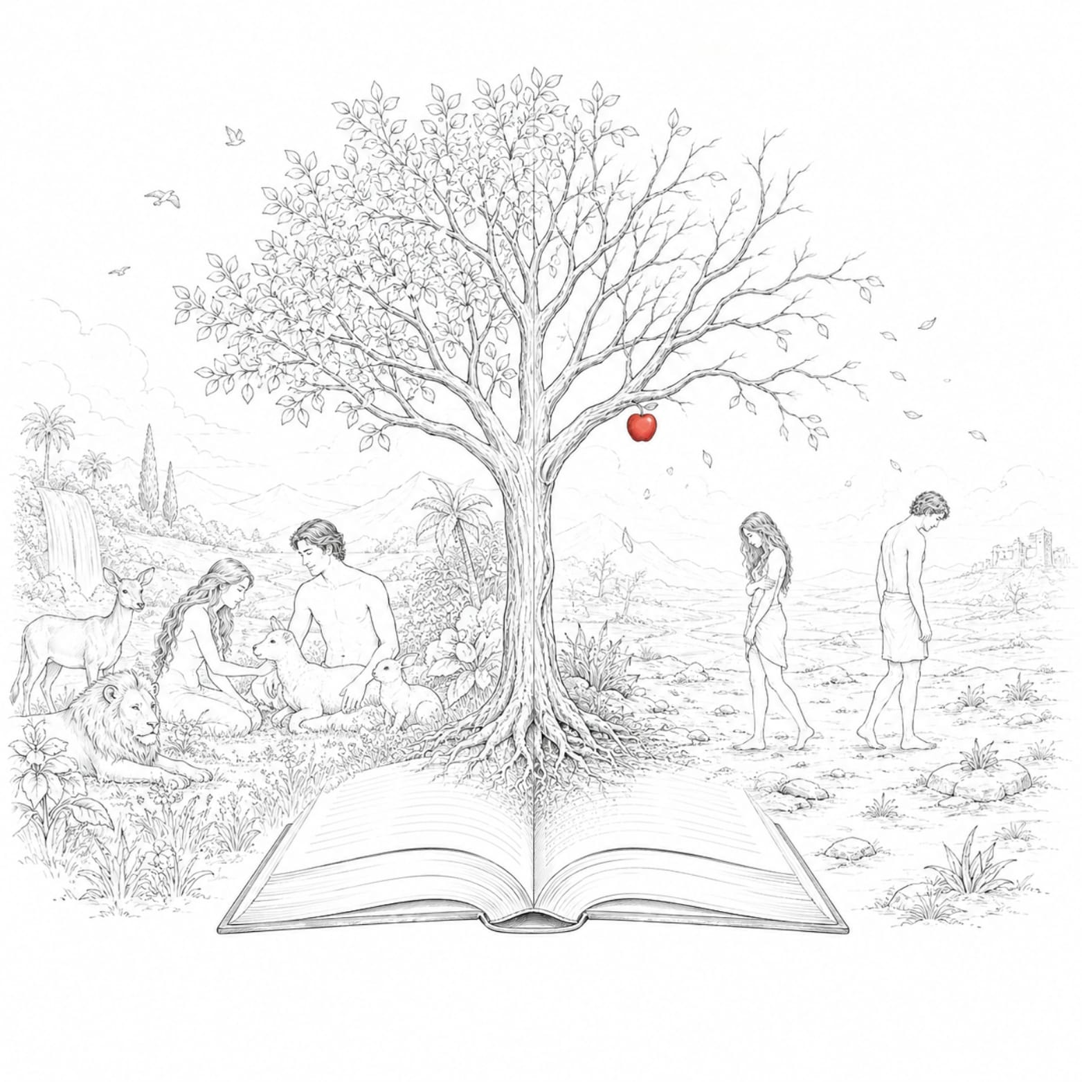 Árvore brotando de um livro aberto, com uma maçã pendurada; de um lado Adão e Eva cercados de animais no Éden, do outro a mesma dupla caminhando vestida e cabisbaixa