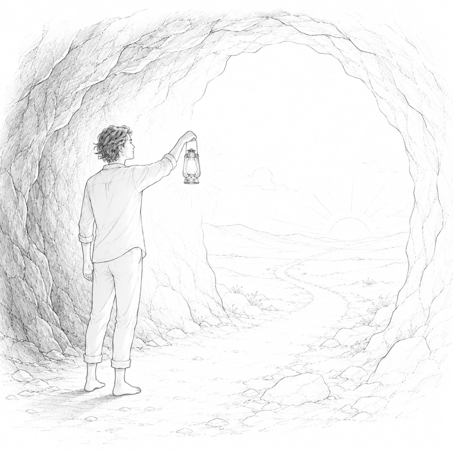 Pessoa segurando uma lanterna acesa na entrada de uma caverna, iluminando um caminho que leva a um nascer do sol