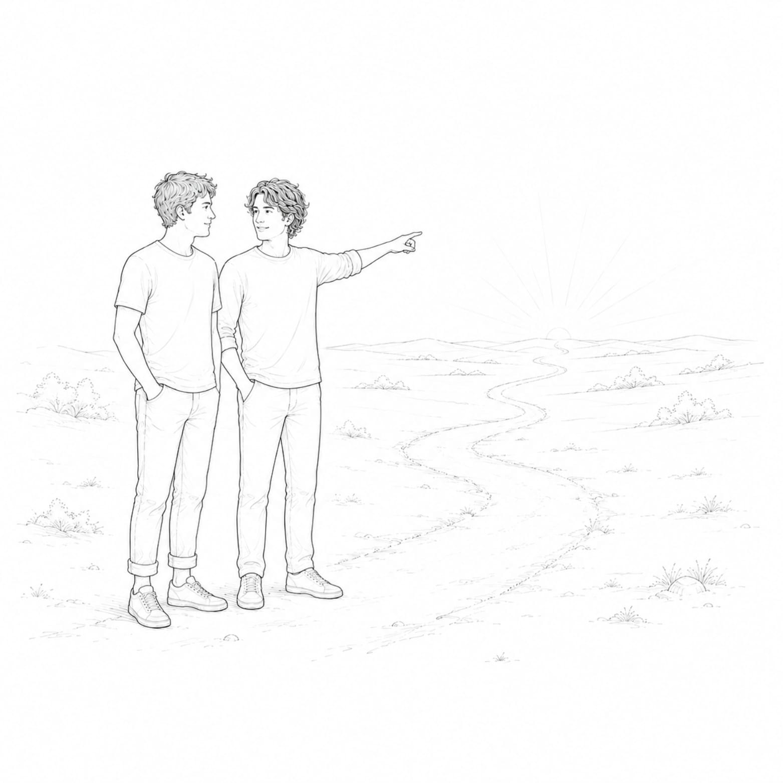 Duas pessoas lado a lado observando um caminho à frente, uma delas apontando a direção