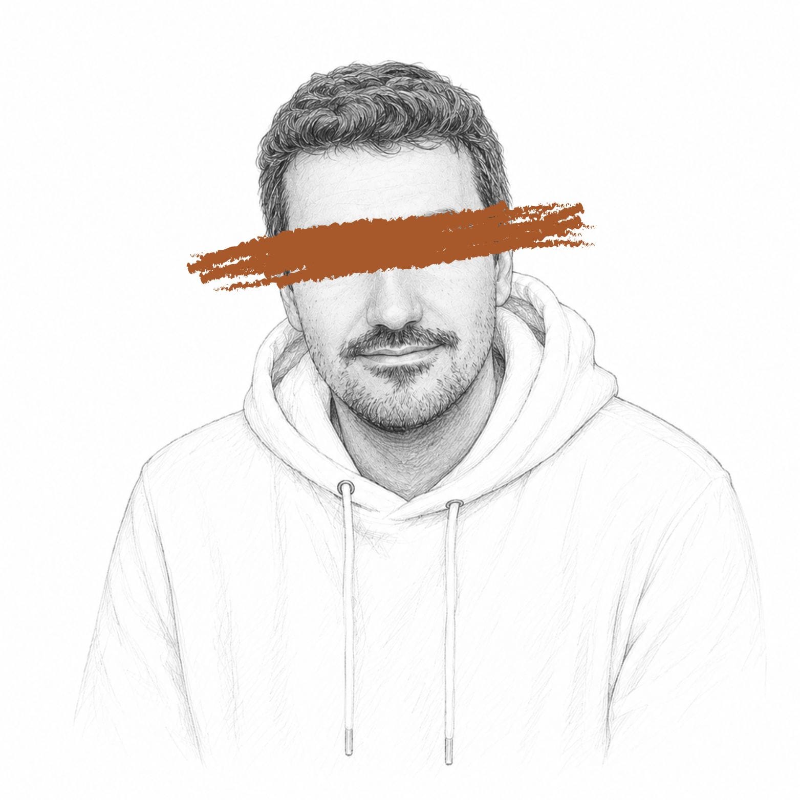 Retrato ilustrado do autor, com uma tarja sobre os olhos